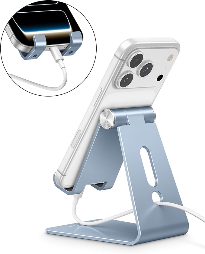 OMOTON Adjustable Cell Phone Stand, Aluminum Desktop Cellphone Stand with Anti-Slip Base and Convenient Charging Port, Fits All Smart Phones, Light Blue - Image 6
