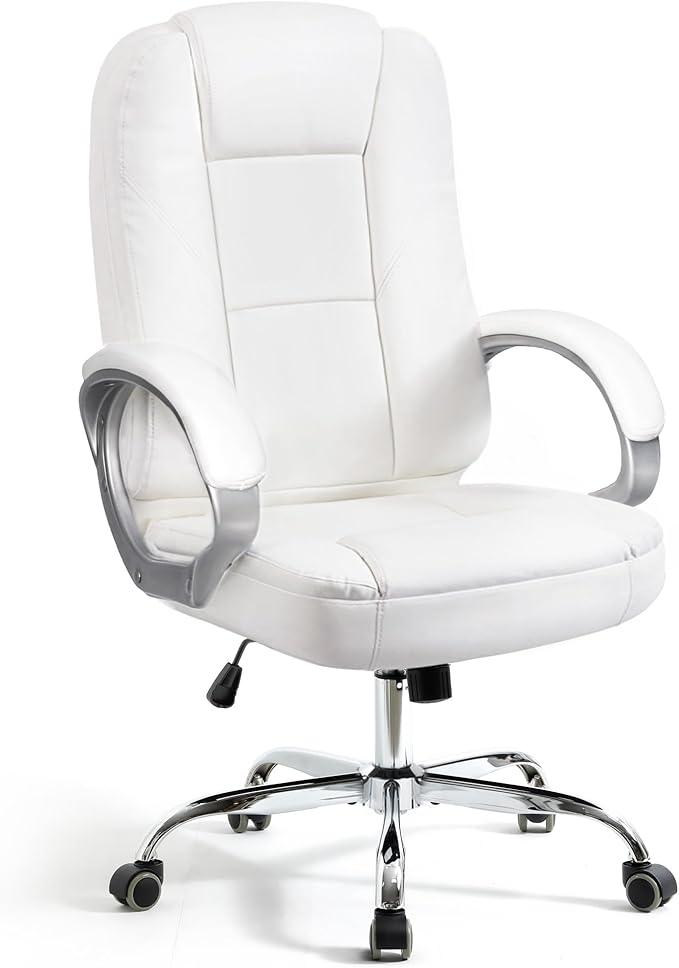NEO CHAIR Office Desk Chair PU Leather Chair with Lumbar Support, All White | Ergonomic High Back Executive Computer Chair, Comfortable Padded Fixed Armrests Swivel Chair with Wheels for Office/Home by NEOCHAIR