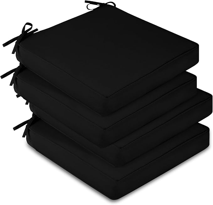 downluxe Waterproof Outdoor Chair Cushions Set of 4, 19" x 19" x 3" Patio Chair Cushion with Non-Slip Ties & Handle, Square Outdoor Cushion for Patio Furniture with Removable Cover, Black by Downluxe