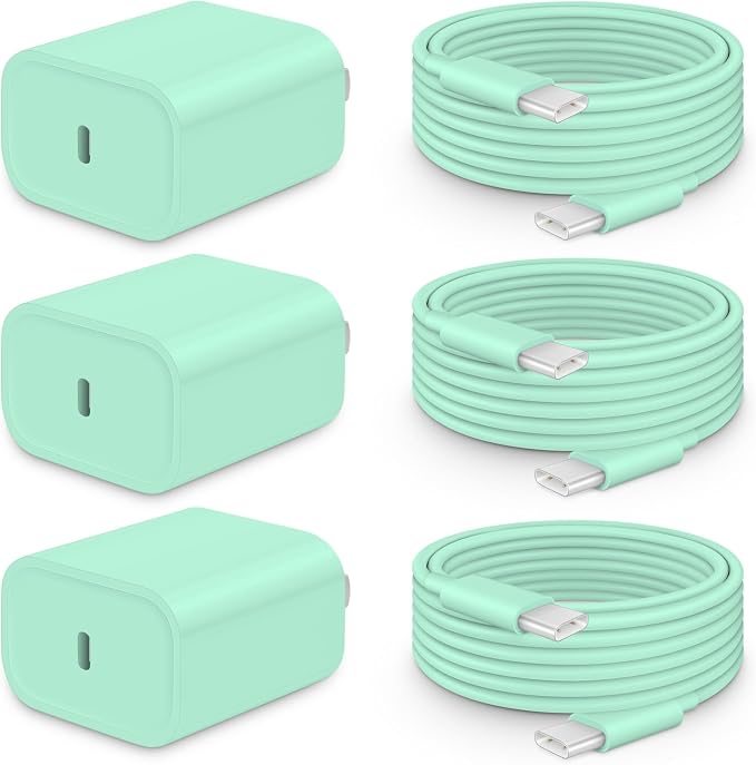 20W Fast Charger for iPhone 17/16/15 with 6FT Cable [3-Pack] - Green | USB-C Wall Charger & C-to-C Cable, Compatible with iPhone 17/16/15 Series, USB-C iPad Pro/Air/Mini & More by CXX