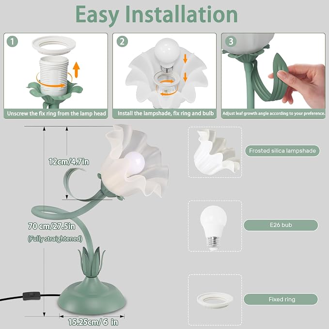 Women Bedside Table Lamps for Bedroom, Cute Flower Desk Lamp With Adjustable Flexible Gooseneck, 3 Color Temperatures Nightstand Lamp with E26 LED Bulbs, Floral Lamp for Living Room, Office ,Reading - Image 6