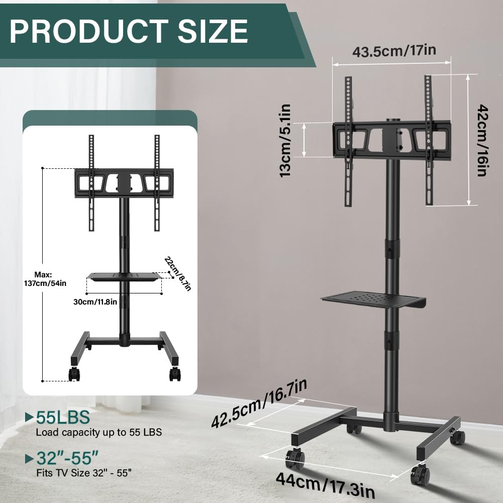 BFTOU Rolling TV Stand with Wheels for 32-55Inch Screens up to 55lbs Mobile TV Stand with Shelf Height Adjustable Mobile TV Cart Max VESA 400x400mm, Black - Image 2