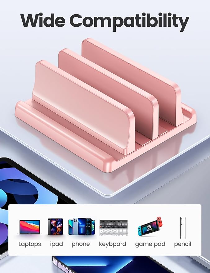 Vaydeer Vertical Laptop Stand for Desk, Dual Slots Plastic Laptop Holder with Space Saving 4-in-1 Design, Adjustable Laptop Stand Supports MacBook, Chromebook, Surface, Dell (Pink) - Image 5
