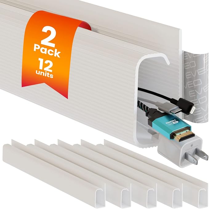 EVEO Cable Management Under Desk Kit (12 Units)- Under Desk Cable Management Cord Cover, Cable Hider Cord Management Under Desk Cable Organizer Cord Organizer Tray - 96''J Channel 12X16 - White by EVEO
