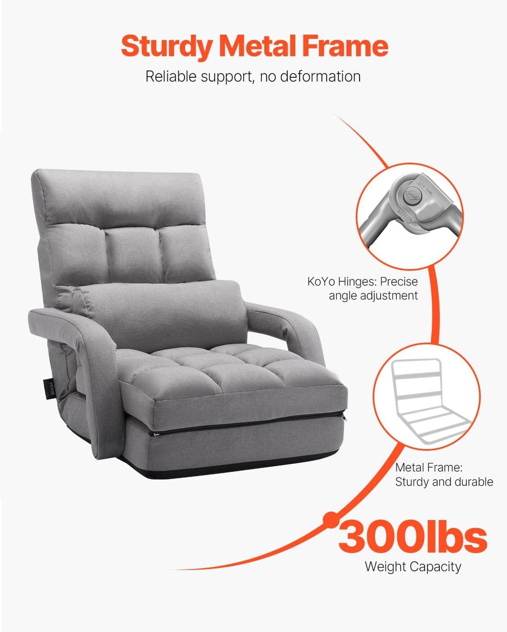VEVOR Floor Chair, Floor Gaming Chair with 5 Adjustable Position and Back Support, Folding Sofa Chair with Armrest, Sofa Lounger Bed with Back Cushion for Living Room and Bedroom, Gray - Image 6