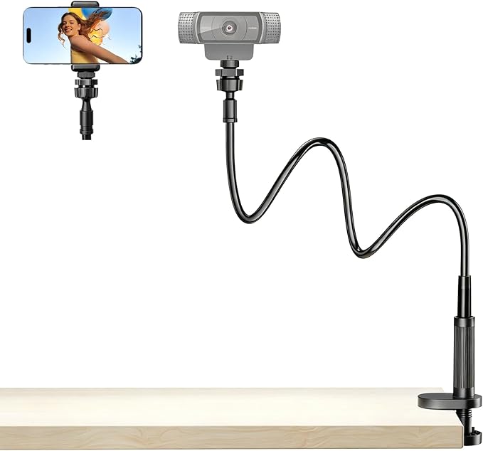 Webcam Stand Camera Desk Mount with Phone Holder for Logitech C922 GoPro | 36" Flexible Webcam Stand, Thick Base & Clamp Mount | Compatible with Logitech C930e/C930/C920/C922x/Brio 4K & GoPro Hero 8-4 by Voinap