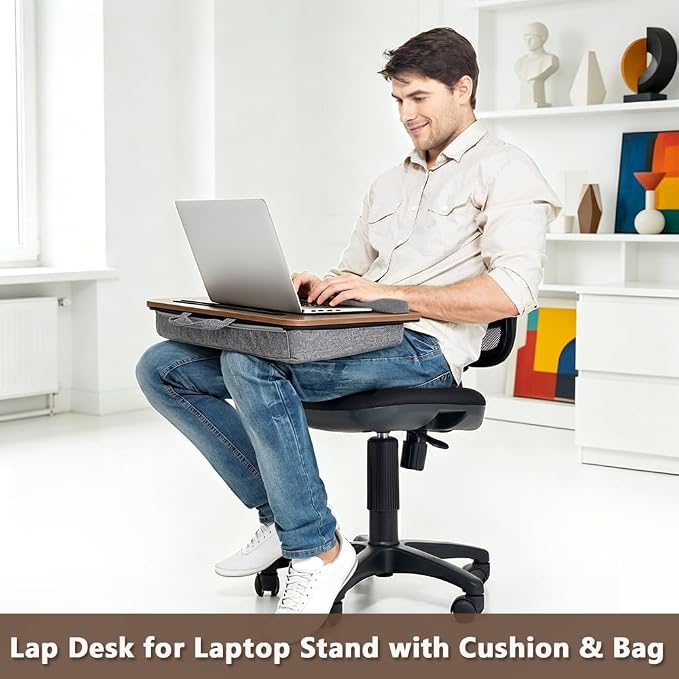 Portable Lap Desk Fits 14–17 Inch Laptops for Bed | Walnut-toned top surface,padded cushion,hand strap,pen & tablet slots for home,car & travel - Image 2