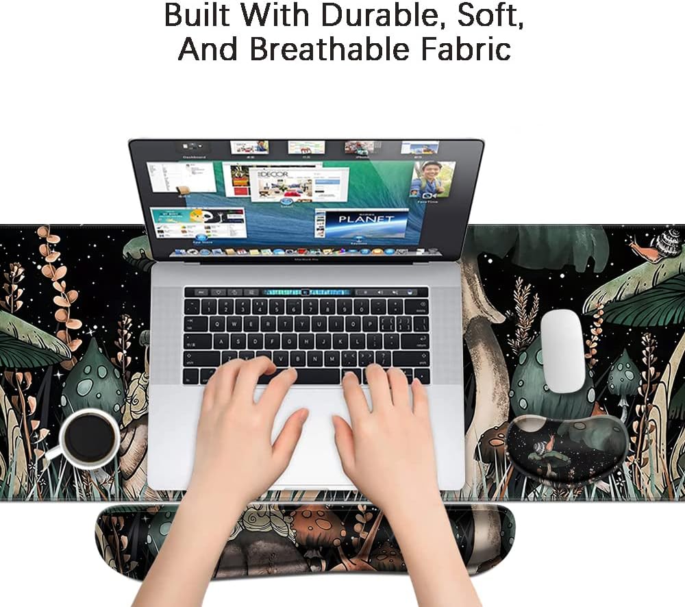 MIBITRI Keyboard Mouse Pad Set, Extended Gaming Mouse Pad+Ergonomics Keyboard Wrist Rest Support, Memory Foam, Easy Typing Pain Relief, 4Pcs XXL Ultra Thick Desk Mat, Snails and Mushroom - Image 6