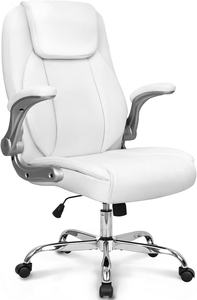 NEO CHAIR Office Desk Chair, High Back PU Leather with Flip-up Arms, White | Ergonomic Tall Computer Desk Chair Comfy, Height Adjustable, Swivel Rolling Wheels for Office Home Gaming Study by NEOCHAIR