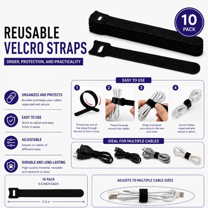 Cable Management Kit for Desk, 34-Piece, Black, Magnetic Organizer, Silicone Clips, Velcro Straps, Sleeve Wrap, Adhesive Cord Holders Office, Home & Gaming Setup cord organizer - Image 7