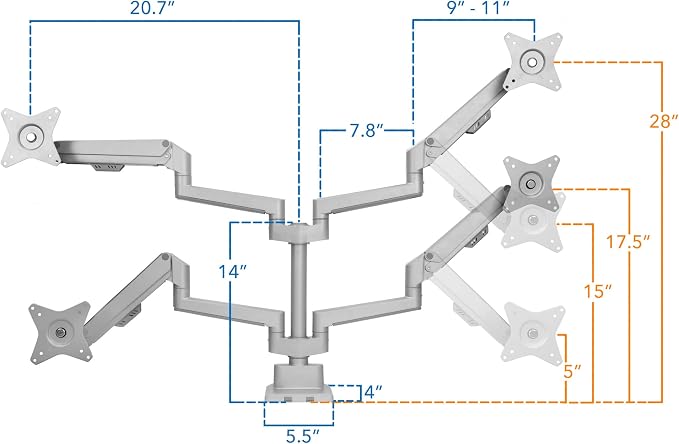 Mount-It! Dual Monitor Mount - Monitor Stands for 2 Monitors, Computer Arms on Desk Stand, Gas Spring Height Adjustable Desk Mount in Silver, VESA 75, 100 Fits Screens Up to 32", Silver Color - Image 7
