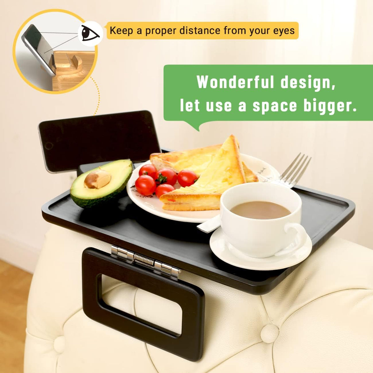 Couch Arm Tray Table Sofa Arm Clip, Armrest Tray Table Suitable for Home Drinks/Fast Food/Fruit Etc, Large Size Multi-Function Black(360° Rotating Stand A) - Image 4