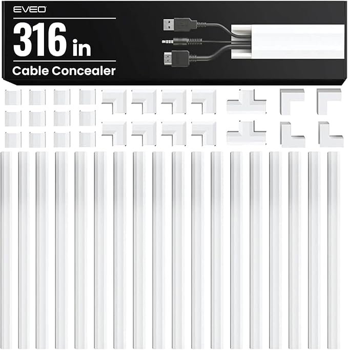 EVEO Cable Hider Wall 306” - Cable Raceway Cord Hider - Wire Covers for Cords on Wall, Cord Cover, Wall Cable Hider, Cable Concealer, Wire Hiders for TV on Wall Management-20X (L16 W0.95 H0.5) - White by EVEO