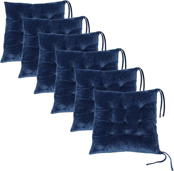 6 Pack Square Seat Cushion Chair Pads for Kitchen Dining Chairs, Soft Comfort Velvet Chair Mat Pillow Cushions with Ties for Office Desk Living Room Tatami 15.5", Blue by MissSoul