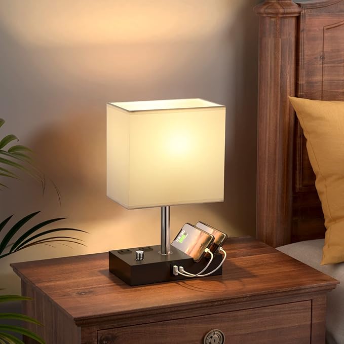 White Bedside Table Lamps Set of 2 - Dimmable, USB C+A, 2 AC Outlets | Dimming By Rotary Knob, USB C+A Ports, 2 Phone Stands, LED Bulbs Included, Rectangle White Lampshade, for Living Room, Desk - Image 6