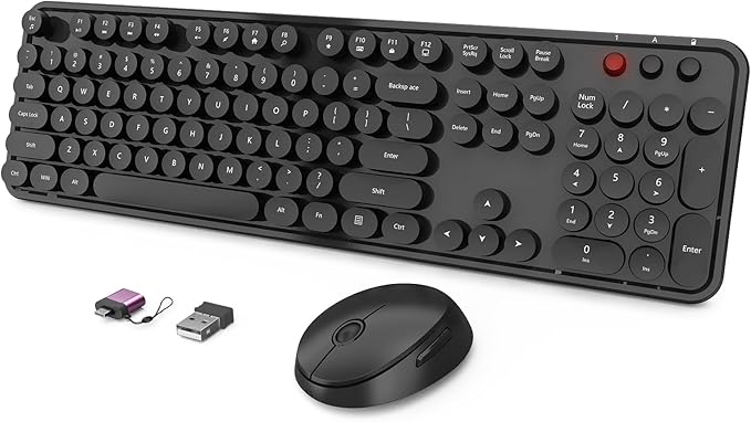 Wireless Keyboard and Mouse Combo, Ergonomic Full Size Typewriter Retro Round Keycaps Keyboard, Compatible with Windows, PC, Perfer for Home and Office Keyboards (Black by SkyGive
