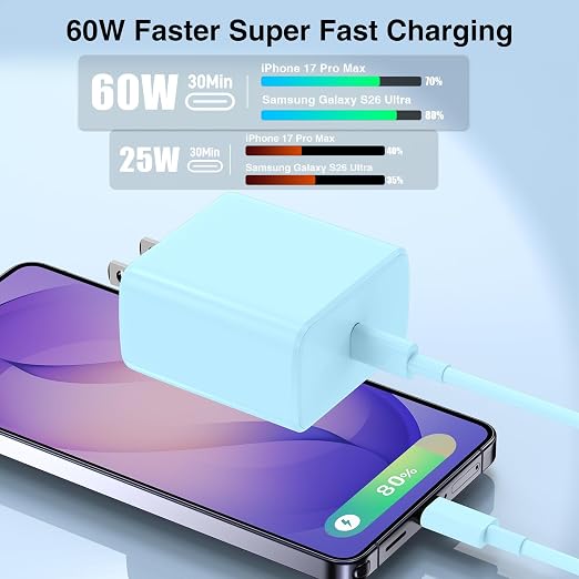 Hzevn 60W C Quick Wall Chargers 3Pack, Super Fast Charging Charger with Bulk 3/6/10FT Long USB C Cable Cords for Samsung Galaxy S26/S25/S24/S23 Ultra/S22/S21 (Blue, 3ft+6ft+10ft) - Image 2