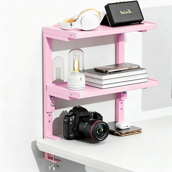 Spacrea Clamp on Desk Shelf, 2 Tier Office Desk Shelves Organizer, Wood Desktop Supplies Storage Rack, Desk Organizers and Accessories (Pink) by Spacrea