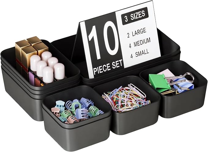 Drawer Organizers Bins 10 PCS for Bathroom Makeup Desk Office | with Non-slip Pads, 3 Sizes, Plastic Tray, Vanity Organizer, Kitchen Utensils Organizer by Homhut