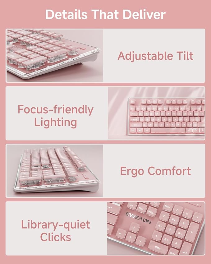 V3 Wireless Keyboard and Mouse Combo, Bluetooth/2.4G Rechargeable Light up Quiet Computer Wireless Keyboard and Mouse with White Backlit, Metal Panel-Pink - Image 7