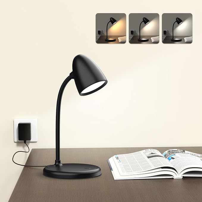 LED Desk Lamp for Home Office,Dimmable Table Lamp 3 Light Colors | Reading Light for Bedside Small Desk Lamp for College Dorm Room,Bedroom Desk Light,Black by RORENSE
