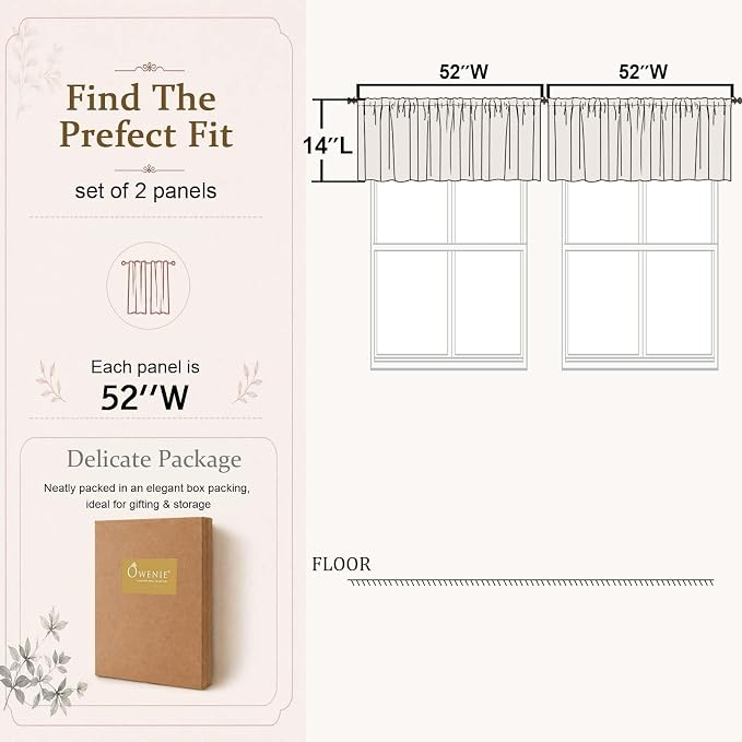 Cream Sheer Valances for Windows 2 Panels 14 Inch Length 52" Width | Window Topper Valance for Cafe Kitchen, Small Window Decor for Bedroom Living Room, Rod Pocket, Each Panel 52W x 14L - Image 4
