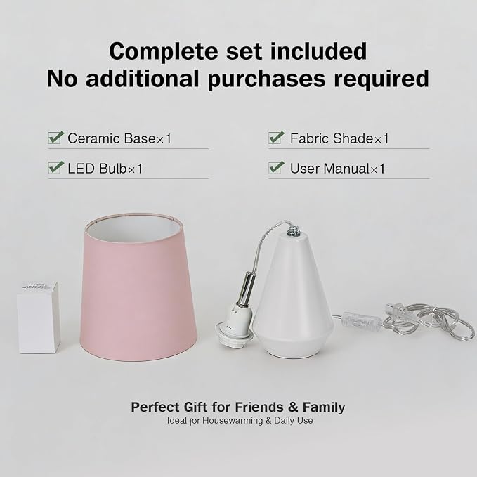 Small Bedside Table Lamp for Bedroom - Reading Desk Lamp with 3 Color Temperatures，15.5" Nightstand Ceramic Lamp with Fabric Shade for Kids Room,Living Room,Dorm,Home Office (White+Pink - Image 8