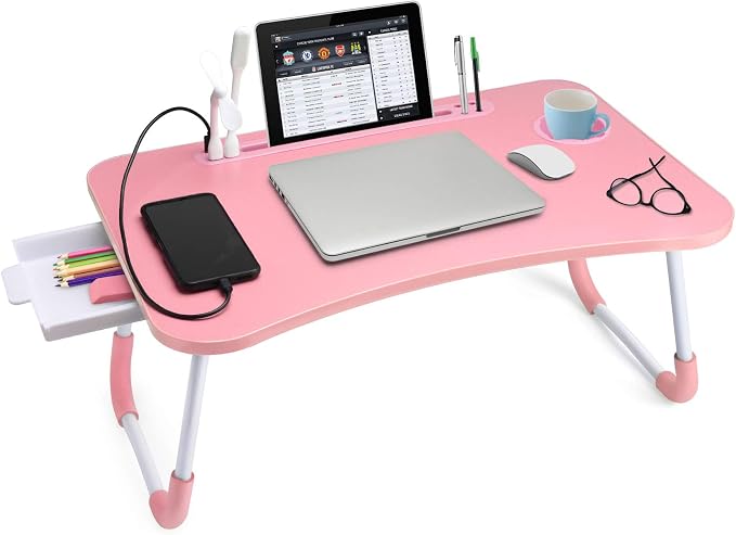 Slendor Bed Desk for Laptop and Writing with Storage, Cup Holder, Light | Fan, Pen Holder,Tablet Holder,Foldable, for Bed, Couch, Floor, Portable,Pink by Slendor