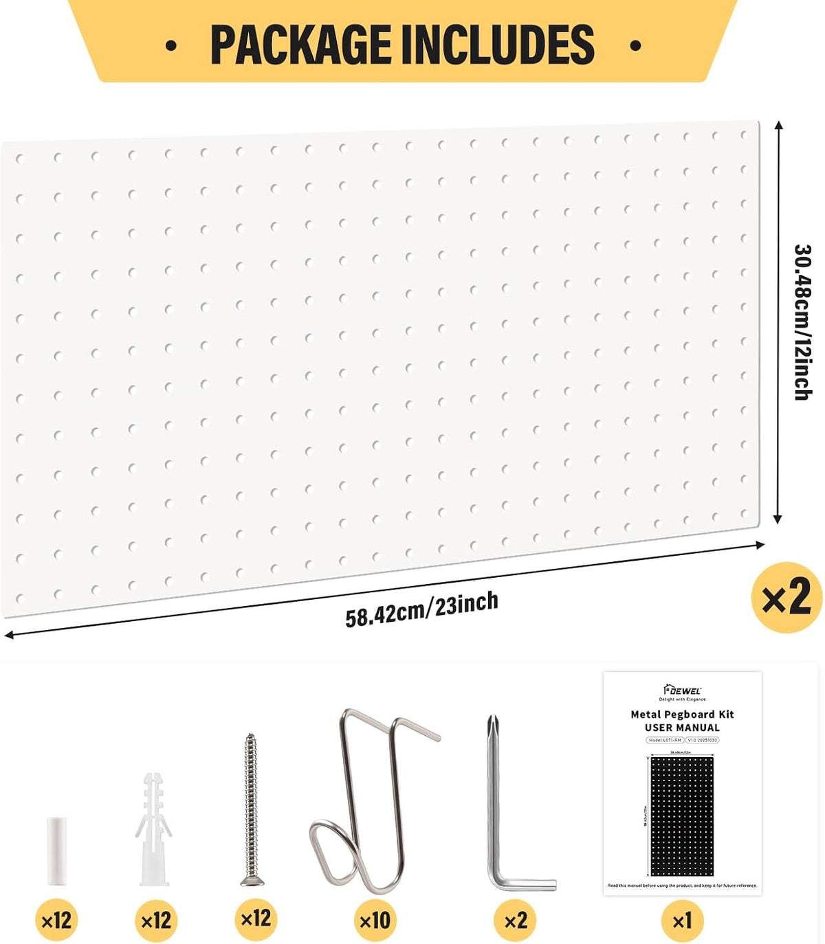 DEWEL 2 Pack Metal Pegboard, 23x12 Inch Pegboard Wall Organizer with Hooks - Image 3