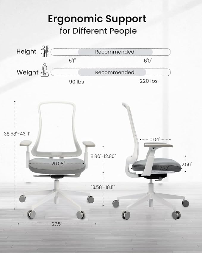 ProtoArc Flexer Ergonomic Office Chair for Women, White | Foam Sliding Seat, Airflow Mesh Back, Hair-proof Casters, Easy Assembly, Fits 5'1"-6'0", Sleek Minimalist, for Small Spaces - Image 2