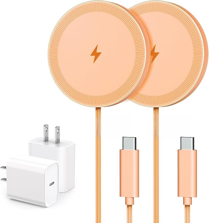 6FT Magnetic Wireless Charger Charging Pad - 15W Fast Phone Charger for Apple iPhone 17 16 15 14 13 12 Series & AirPods 4 3 2 Pro, Phone Charging Pad with Plug for Desk & Travel, 2Pack Orange by WAYLITEWirelessCharger