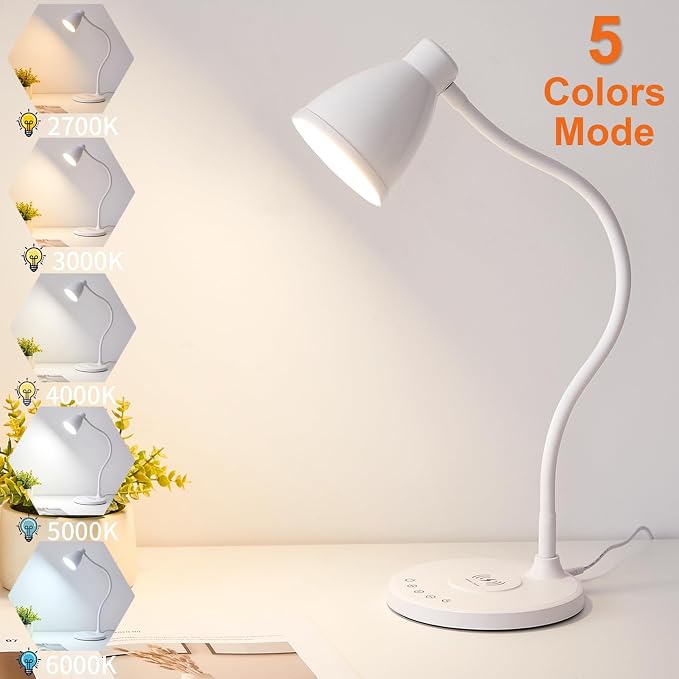 BOHON LED Desk Lamp for Home Office with USB C Charging Wireless Charger | 5 Colors, Stepless Dimming Desk Light Timer Reading Light Touch Bedside Table Lamp for College Dorm Room - Image 4