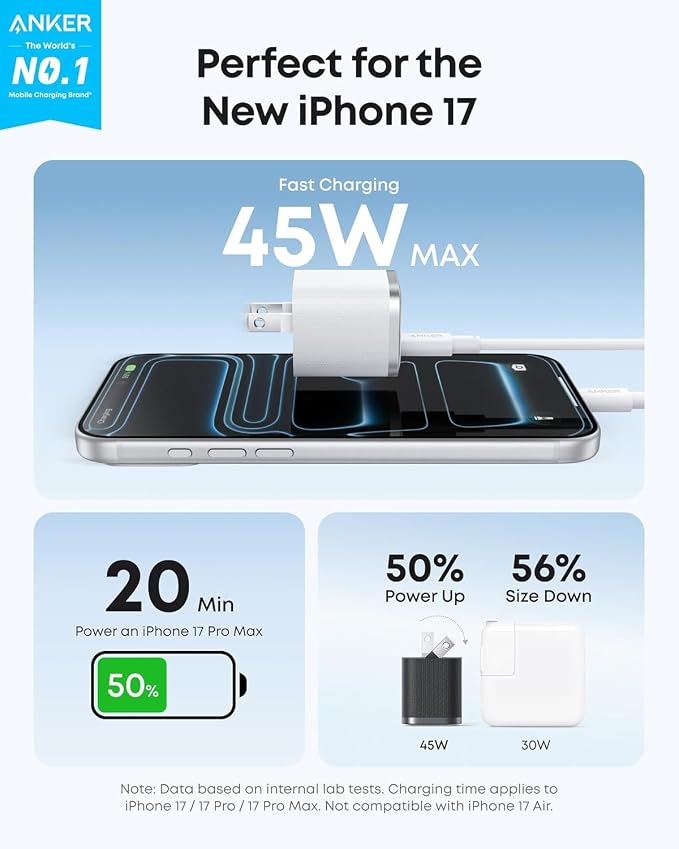 Anker iPhone Charger, 45W Type C Fast Charging, USB C Charger Block | Includes 6FT USB-C Cable and Foldable Plug, for iPhone 17/16 Series,MacBook, Pixel 9, iPad and More - Image 2