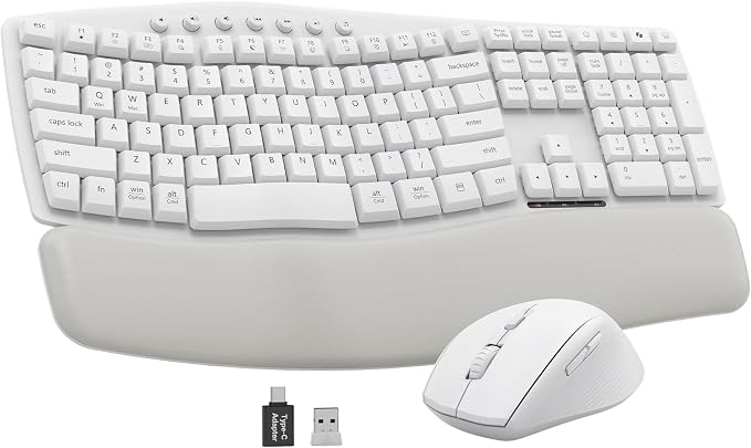 White Wireless Keyboard and Mouse Combo for MacBook & Windows, 30dB Quiet Ergonomic Keyboard Set with Wave Keys & Soft Palm Rest, Silent Typing, Dual-System Switch, Ideal for Home Office—Sablute by SABLUTE