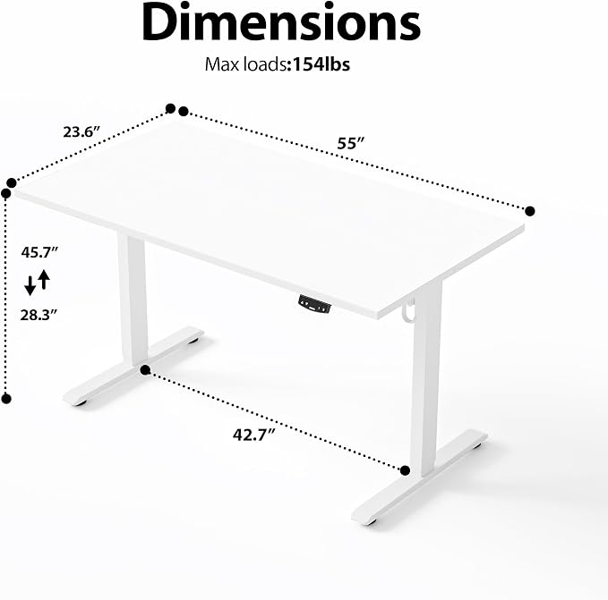 Agilestic Electric Height Adjustable Standing Desk, 55 Inch, White | Smooth Height Adjustment, Memory Presets, Hooks, Stable Steel Frame,154 lbs Capacity, Easy Assembly, Splice Board - Image 3