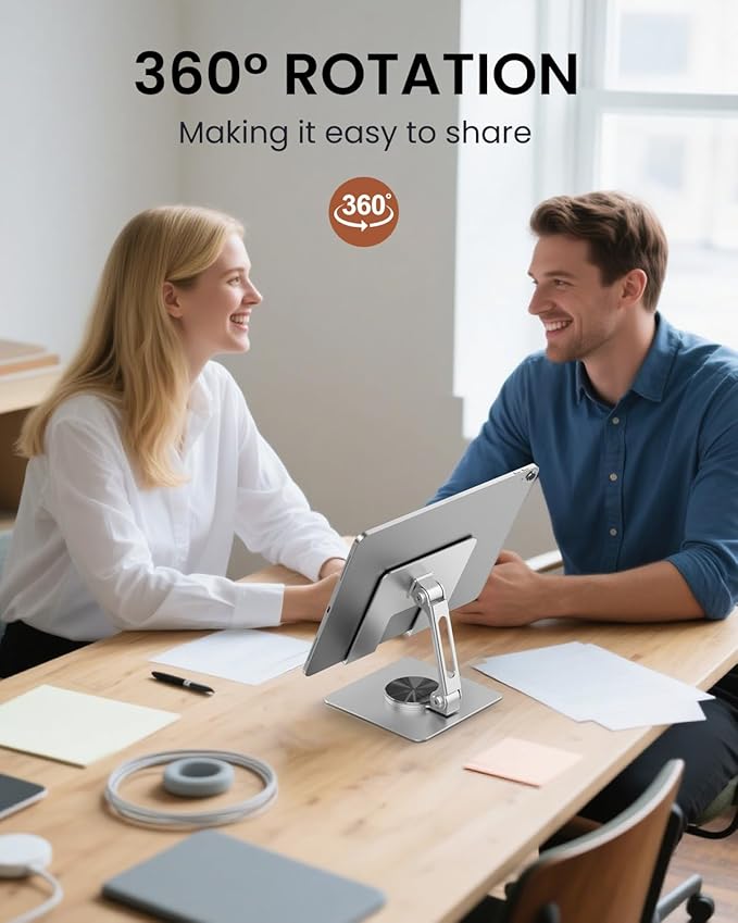 TIGRIS 360° Rotating Tablet Stand for iPad, Adjustable Foldable Metal Desk Stand, Stable Portable Tablet Holder for Office, Kitchen, Video Calls, Compatible with iPad Pro/Air/Mini, Kindle, Surface - Image 2