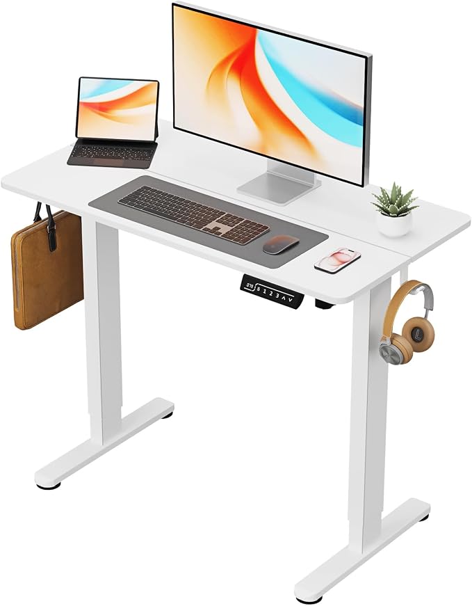 40" Electric Standing Desk, White Standing Desk with 2 Hooks | Height Adjustable Sit Stand Desk with 2 Hooks, Stand up Desk with Splice Board & Sturdy Frame for Home Office by JYLHJOYSEEKER