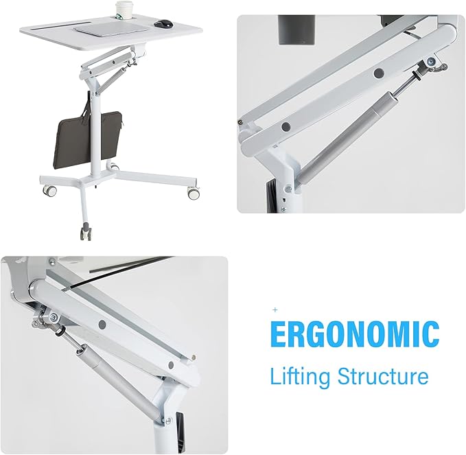 Lipo Mobile Sit Stand Desk - Height Adjustable Standing Laptop Desk Cart Rolling Couch Table on Wheels White Workstation with Gas Spring Riser for Home Office Classroom - Image 3