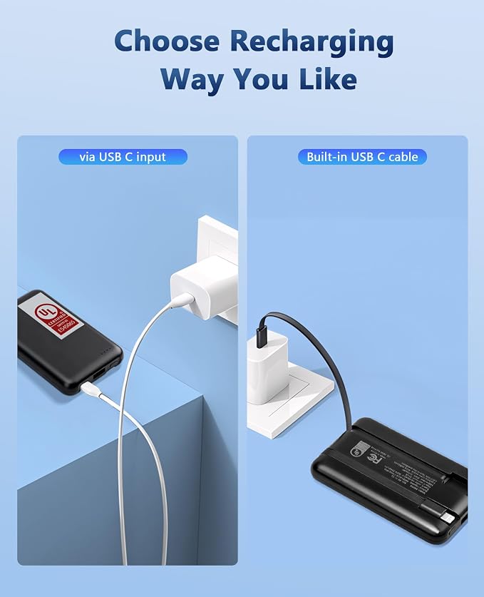 Miady UL Listed 2-Pack Small Portable Charger 5000mAh Power Bank for Travel | 18.5Wh丨Built-in 2 Cables丨3 Outputs 2 Inputs丨Compatible with iPhone Android etc丨Flight-Safe丨for Backpack Campingl丨Black+White - Image 4