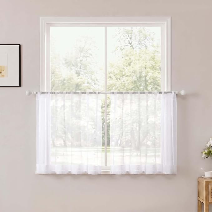 Short White Sheer Kithen Cafe Curtains 24 Inch Length 2 Panels Set | Half Curtains for Living Room Bedroom Basement Bathroom Small window, Sheer curtain over sink, Rod Pocket, Each 42"W x 24"L by OWENIE