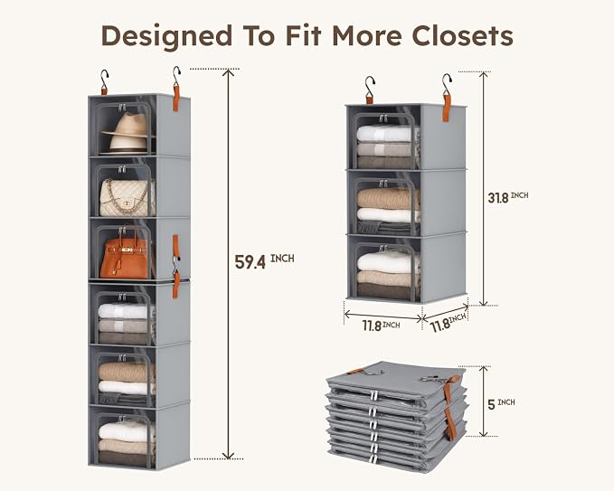 Homsorout 6-Tier Modular Hanging Closet Organizer Shelves, Grey | 3+3 Modular Design, Clear PVC Window, Front Opening, Oxford Fabric, Vertical Storage for Closet, Home, Nursery, Dorm - Image 3