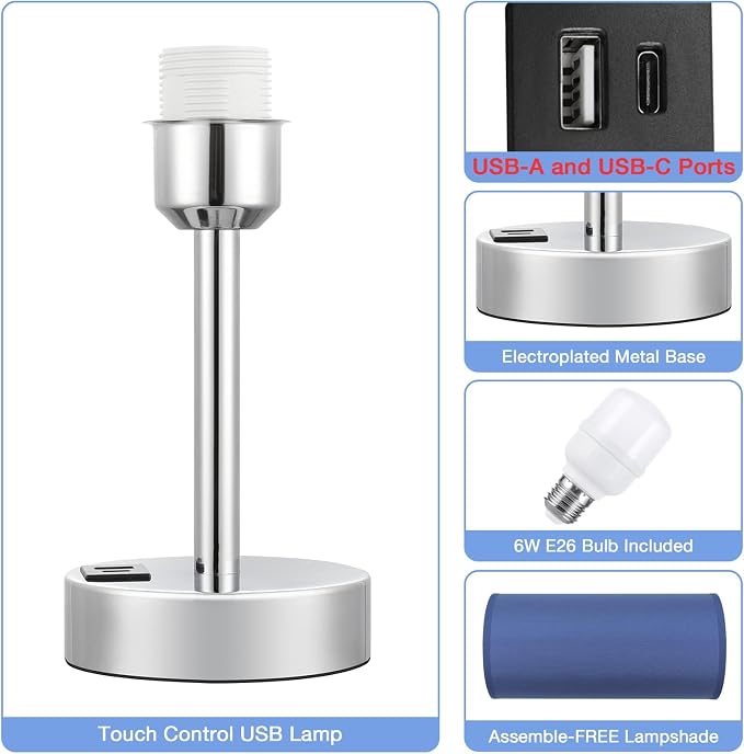 Blue Touch Table Lamp for Bedroom - Bedside Desk Lamp for College Dorm | USB A+C Ports, 3-Way Dimmable, LED Bulb Included, Navy Blue Lampshade, Silver Metal Base, Compact 14" Night Stand Lamp - Image 7