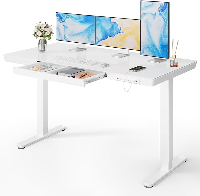 Marsail Glass Standing Desk, 55 x 28 Inch Electric Standing Desk,White | Storage Drawer, One-Piece Tabletop, USB Charging Ports, Sit Stand Design, Black finish, Height Adjustment, Home Office by Marsail