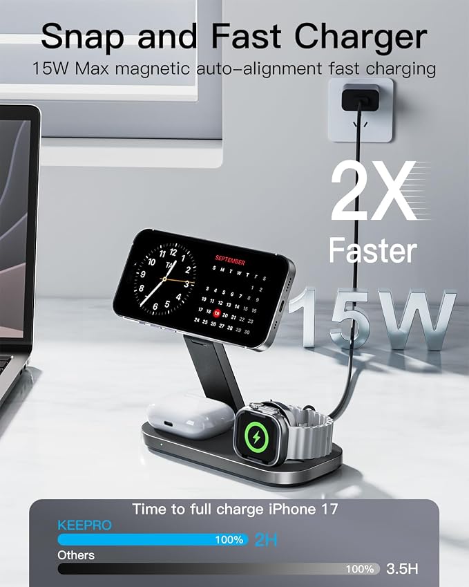 3-in-1 Charging Station for Apple Device, Foldable Magnetic Wireless Fast Charger Stand Compatible with MagSafe for iPhone 17e/17/16/15/14/13/12/Air Series, Apple Watch & AirPods-Black - Image 2