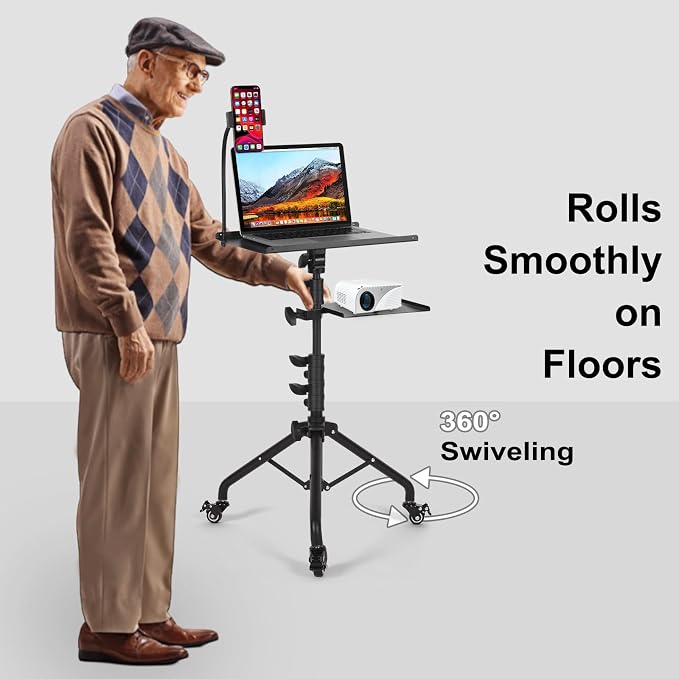 Tossbiss Laptop Tripod on Wheels with 2 Shelves | Portable Projector Floor Stand Adjustable Height 25.9 to 51.8 Inch with Phone Holder, Projector Stand - Image 7