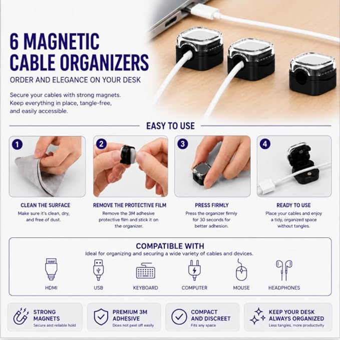 Cable Management Kit for Desk, 34-Piece, Black, Magnetic Organizer, Silicone Clips, Velcro Straps, Sleeve Wrap, Adhesive Cord Holders Office, Home & Gaming Setup cord organizer - Image 9