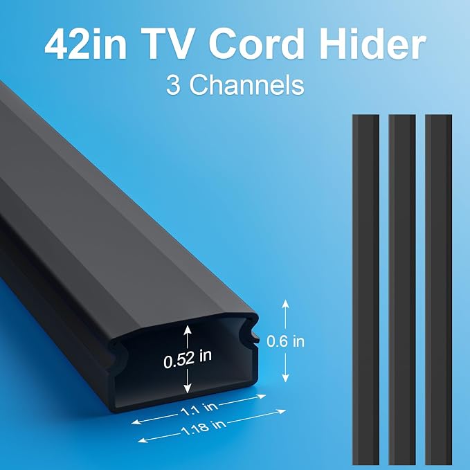 Yecaye TV Cord Hider, 42in Cord Cover Wall Mounted, W1.18in H0.6in, Black | Large Cable Hider, Wire Covers for 4 Cords, Cable Raceway Wire Hiders for TV on Wall, Cable Cover Cord Concealer - Image 3