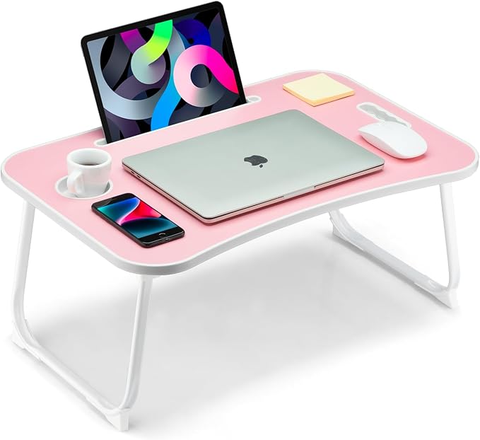 Foldable Lap Desk, Laptop Bed Desk, Portable Lap Table, Laptop Bed Table with Cup Holder & Tablet Slot & Lifting Handle for Working Writing Drawing & Eating - Baby Pink by VIFOCAE