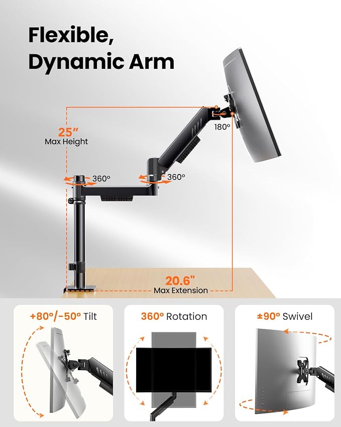 ErGear Dual Monitor Stand, Stacked Monitor Mount for 13-33″ Screens, Up to 19.8 lbs/Arm, Enhanced Stability with Integrated C-Clamp, Upgraded Cable Management, VESA 75x75/100x100mm, Home Office Gaming - Image 5