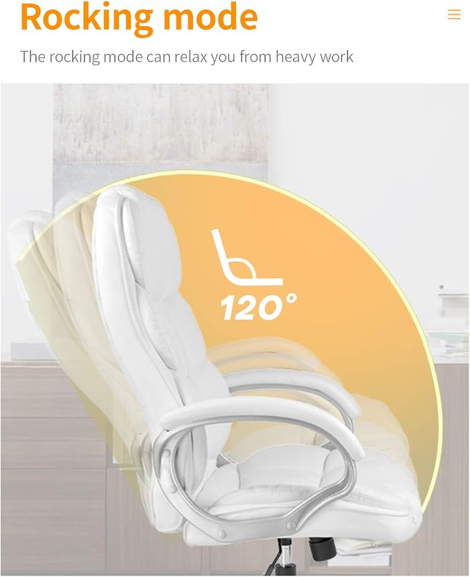 Office Chair Computer High Back Adjustable Ergonomic Desk Chair Executive PU Leather Swivel Task Chair with Armrests Lumbar Support (White) - Image 5